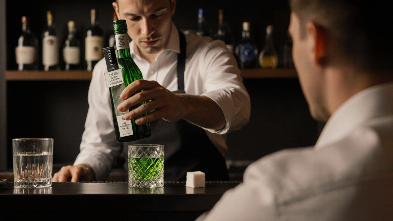 Barman podává mírnou porci absintu s legálním štítkem, host si užívá.