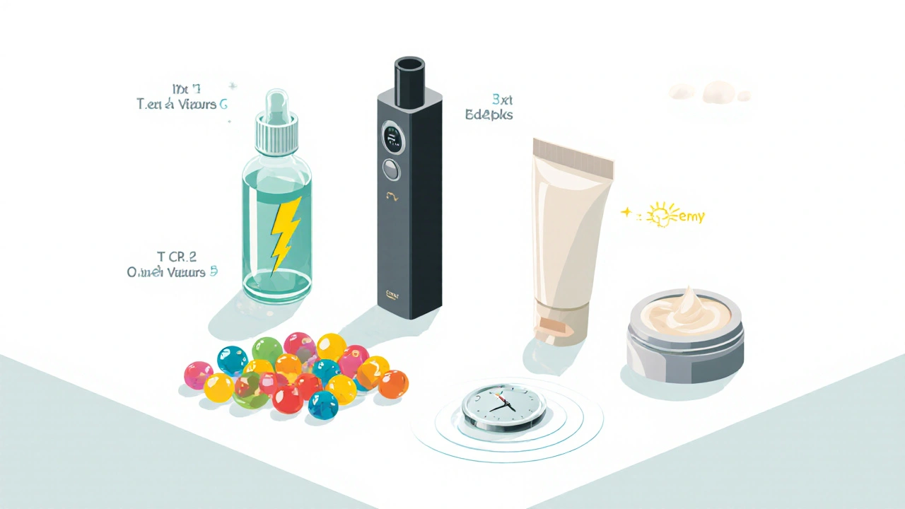 Čtyři způsoby užití CBD – tinktura, vaporizer, gummies a krém – uspořádány ve stylovém flat‑lay.