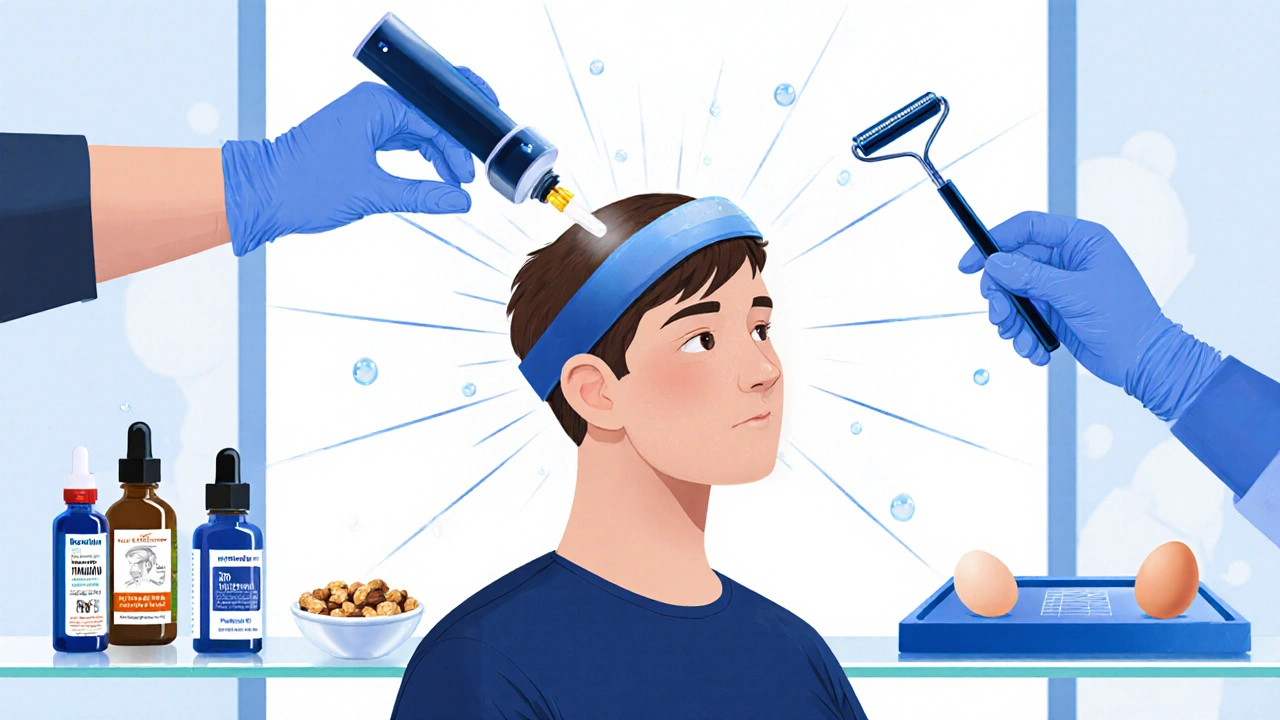 Ilustrace osoby používající minoxidil, laserovou čepici, doplňky a PRP v klinickém prostředí.