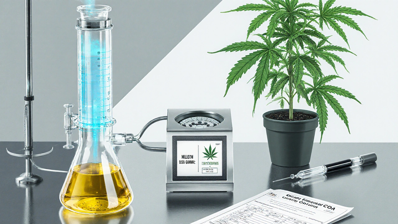 Laboratorní scéna s CO2 extrakcí kanabidiolu a rostlinou konopí.