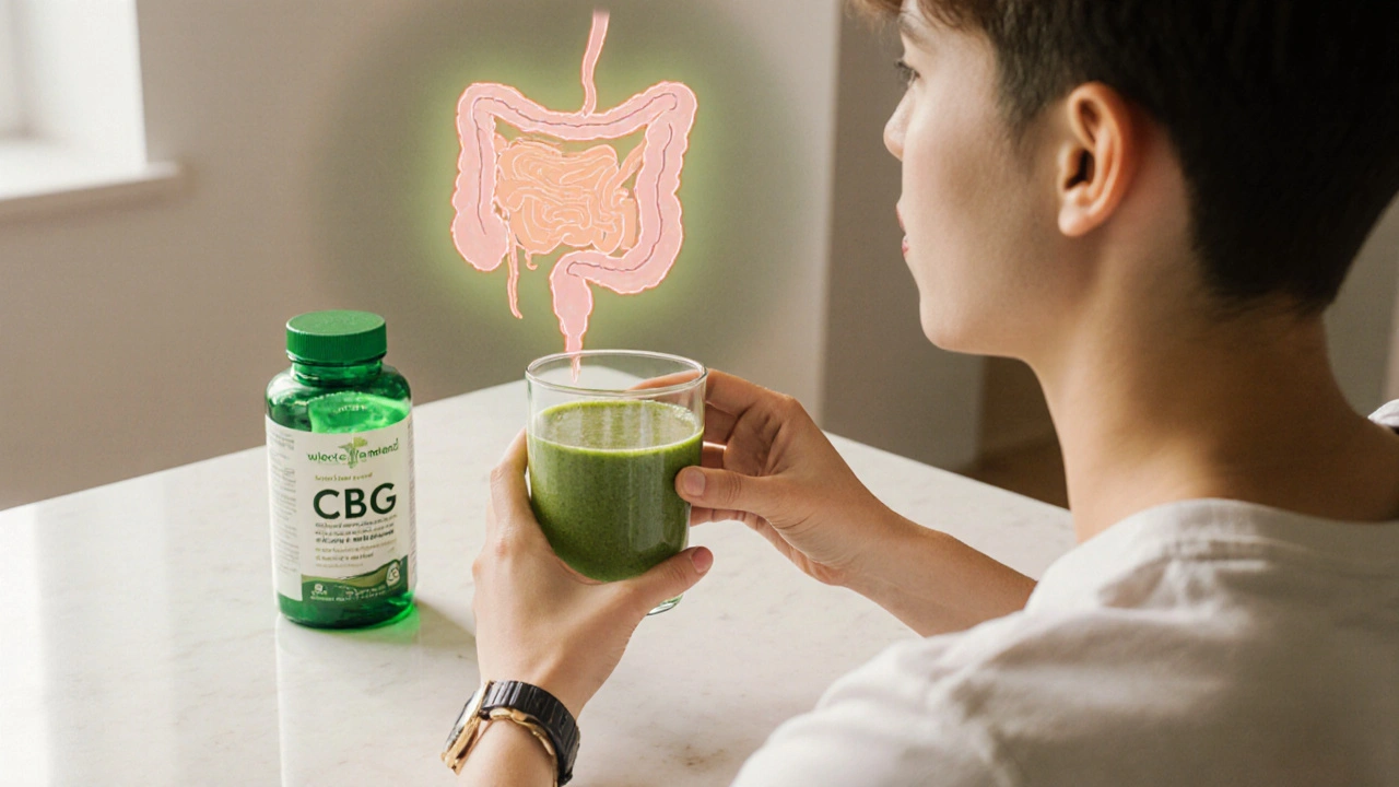 Osoba drží CBG smoothie a kapsle, v pozadí zdravé střevo.