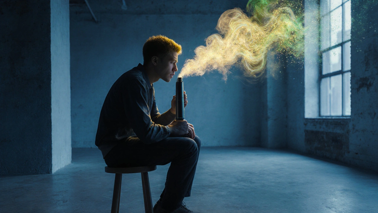 Osoba používá vaporizer, kolem ní se šíří jasné tóny limonenu, ukazující mentální a tělesný efekt.