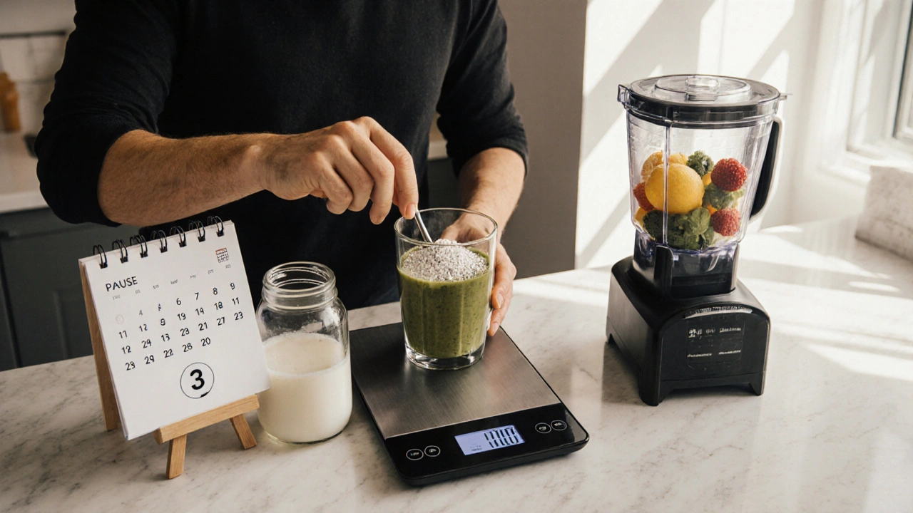 Osoba připravuje smoothie s odváženými CBD krystaly v útulné kuchyni.