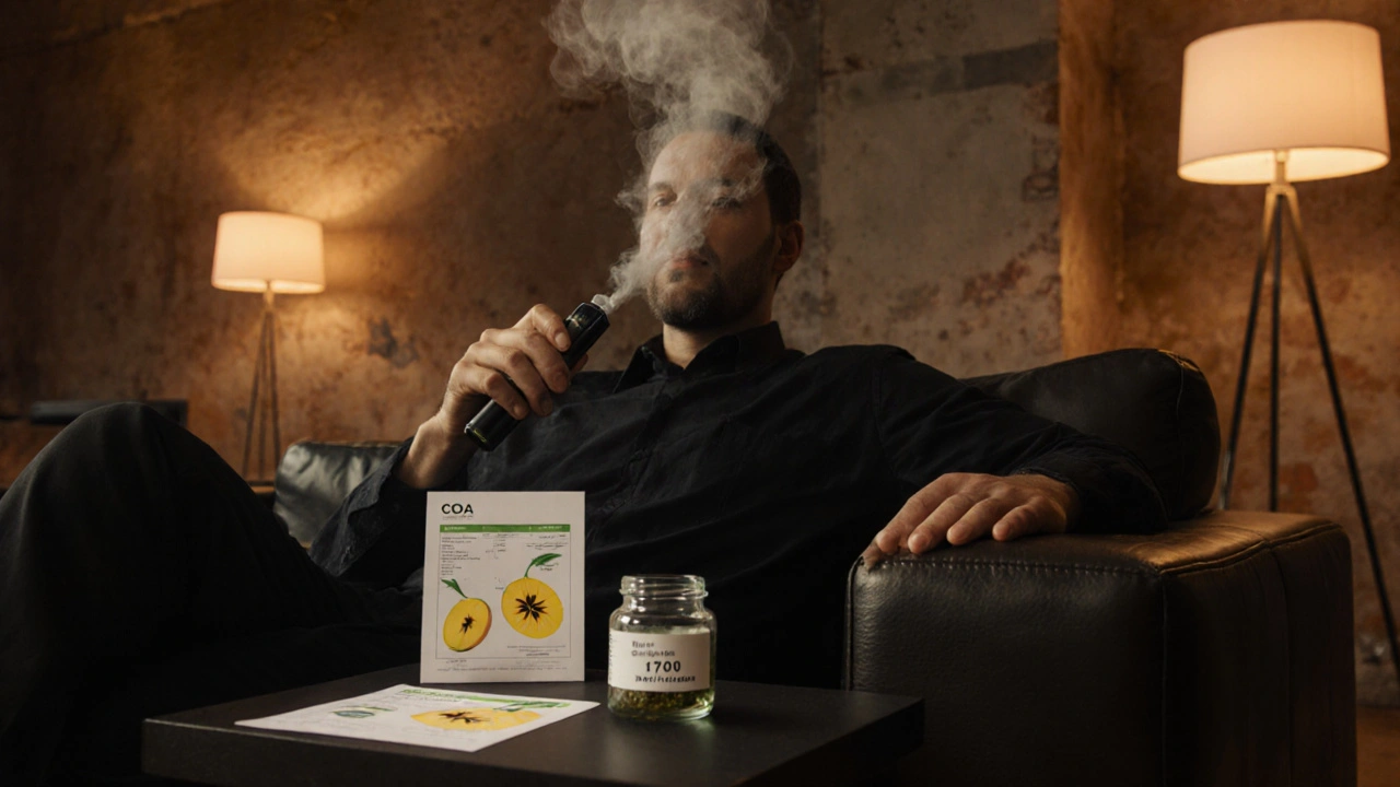 Osoba v pohodlném interiéru používá nízkoteplotní vaporizér s vůní manga.
