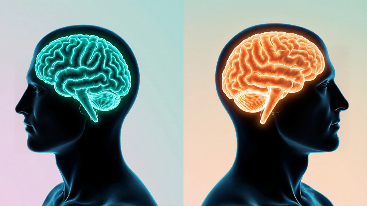 Rozdělený pohled na mozek, kde THC z Indica působí na bazální ganglia, zatímco Sativa zasahuje kortex.