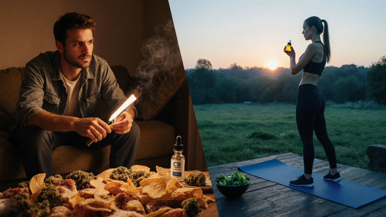 Rozdělený snímek: muž s THC jí junk food, žena s CBD cvičí a jí zdravě.