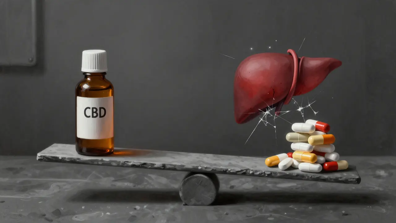 Váha s CBD olejem a léky, jedna strana klesá s obrazem rizik jako únavou a poškozením jater.