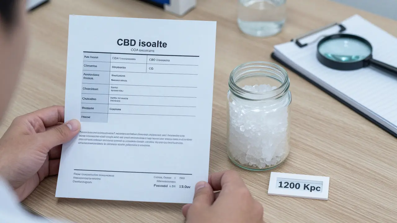 Certifikát analýzy COA vedle skleněné nádoby s CBD izolátem a cenou 1200 Kč.
