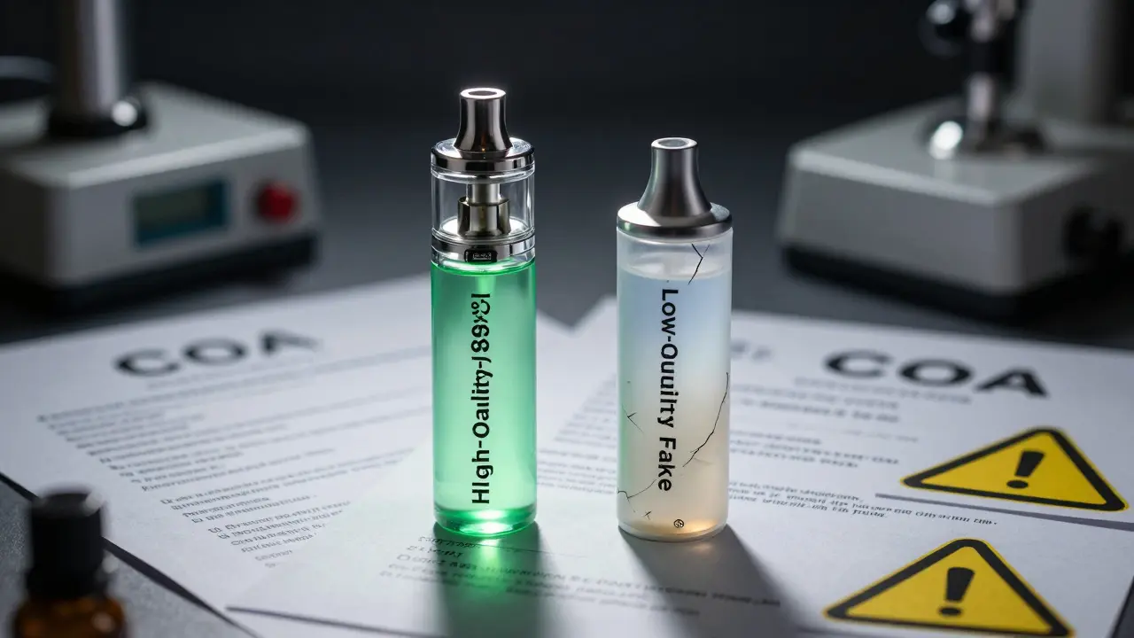 Dva vape peny vedle sebe: kvalitní s certifikátem a špatný s poškozením.
