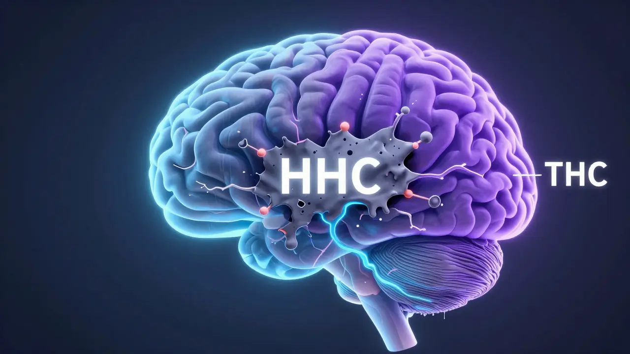 Lidský mozek s třemi částmi symbolizujícími CBD, THC a nejistotu HHC.