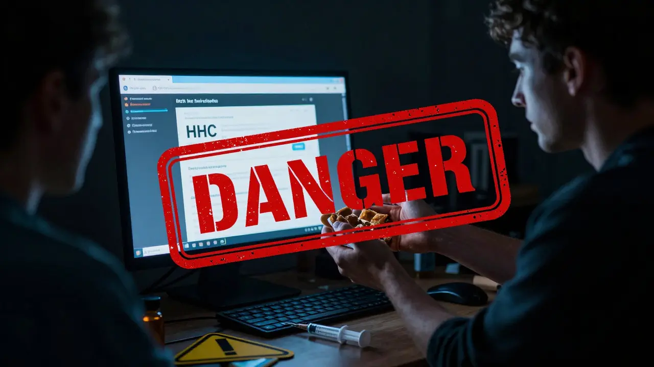 Tmavý online trh s edibily, červené varování a lékařská stříkačka na pozadí.