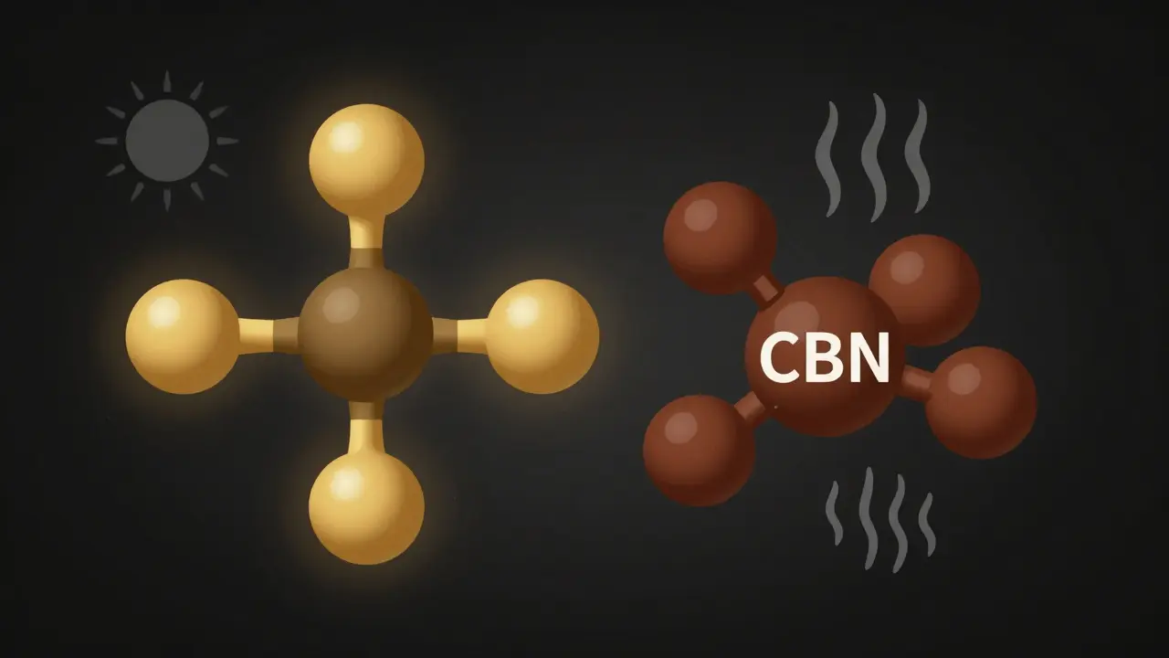 Chemická přeměna THC na CBN s ikonami tepla a světla.