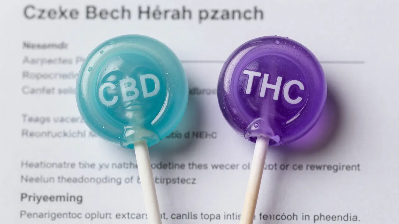 Dva kontrastní lollipopy CBD a THC leží vedle sebe, každý s jinou barvou a atmosférou.