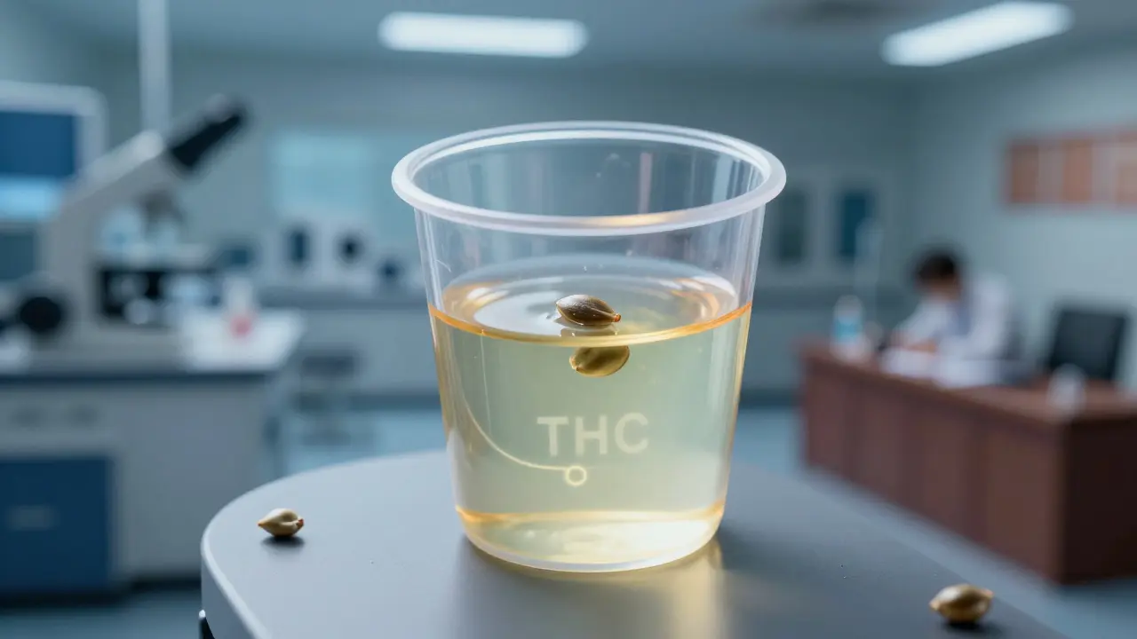 Kávová zkouška na drogy s jedním semenem konopí a detekovanými molekulami THC v moči.
