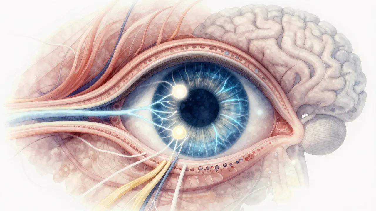 Křížový řez oka s světelnými nervovými cestami a aktivovanými CB1 receptory, symbolizující neuro-muskulární uvolnění.