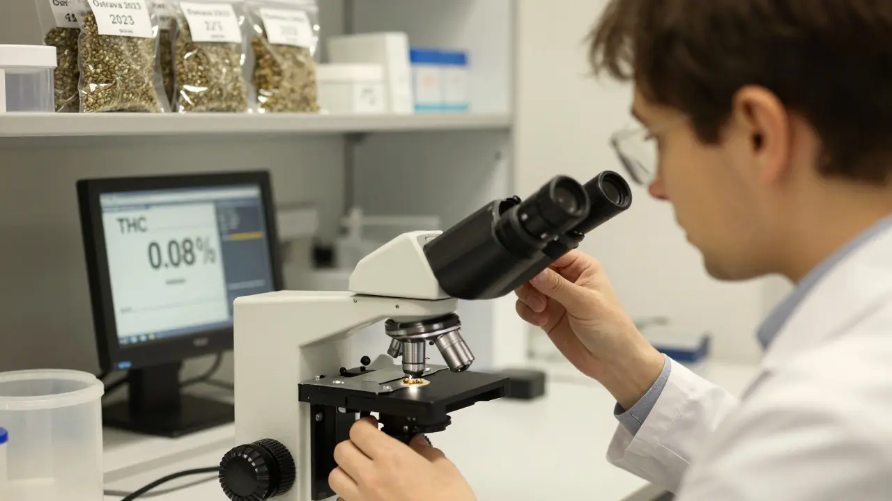 Laborant v české laboratoři zkoumá semena konopí pod mikroskopem s ukázkou obsahu THC na obrazovce.