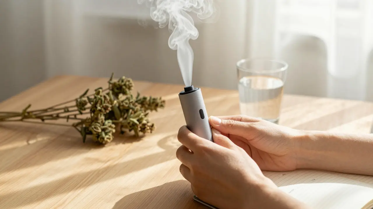 Ruce drží parovací zařízení s jemným výparom CBD květů.