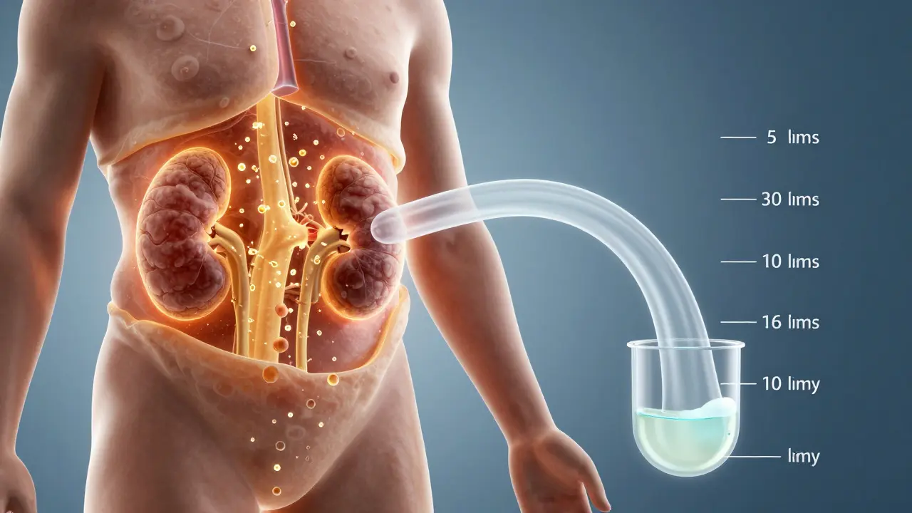 Vizualizace těla s tukovými vrstvami uvolňujícími metabolity do moči, s časovými značkami od 3 do 60 dní.
