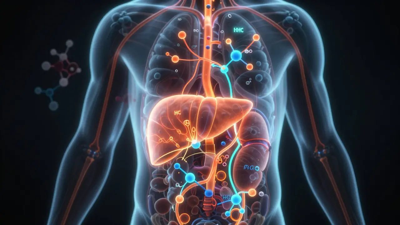 Vnitřní anatomie člověka s přeměnou HHC na metabolity podobné THC.