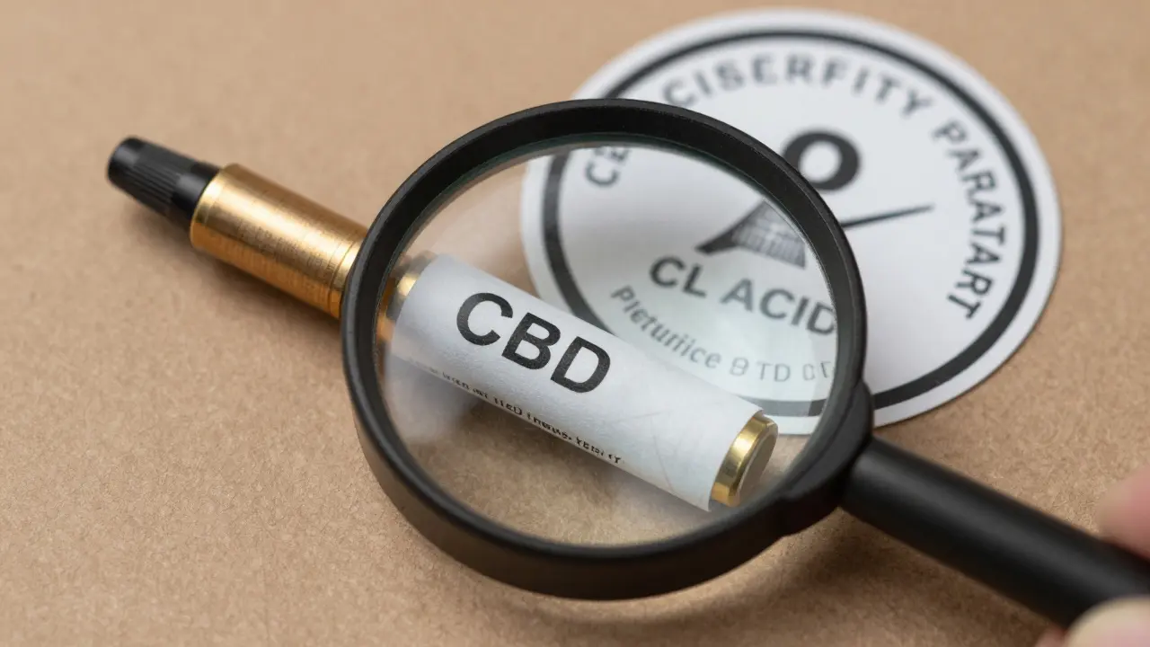 Zvětšený detail CBD kartridže s certifikátem a lupou