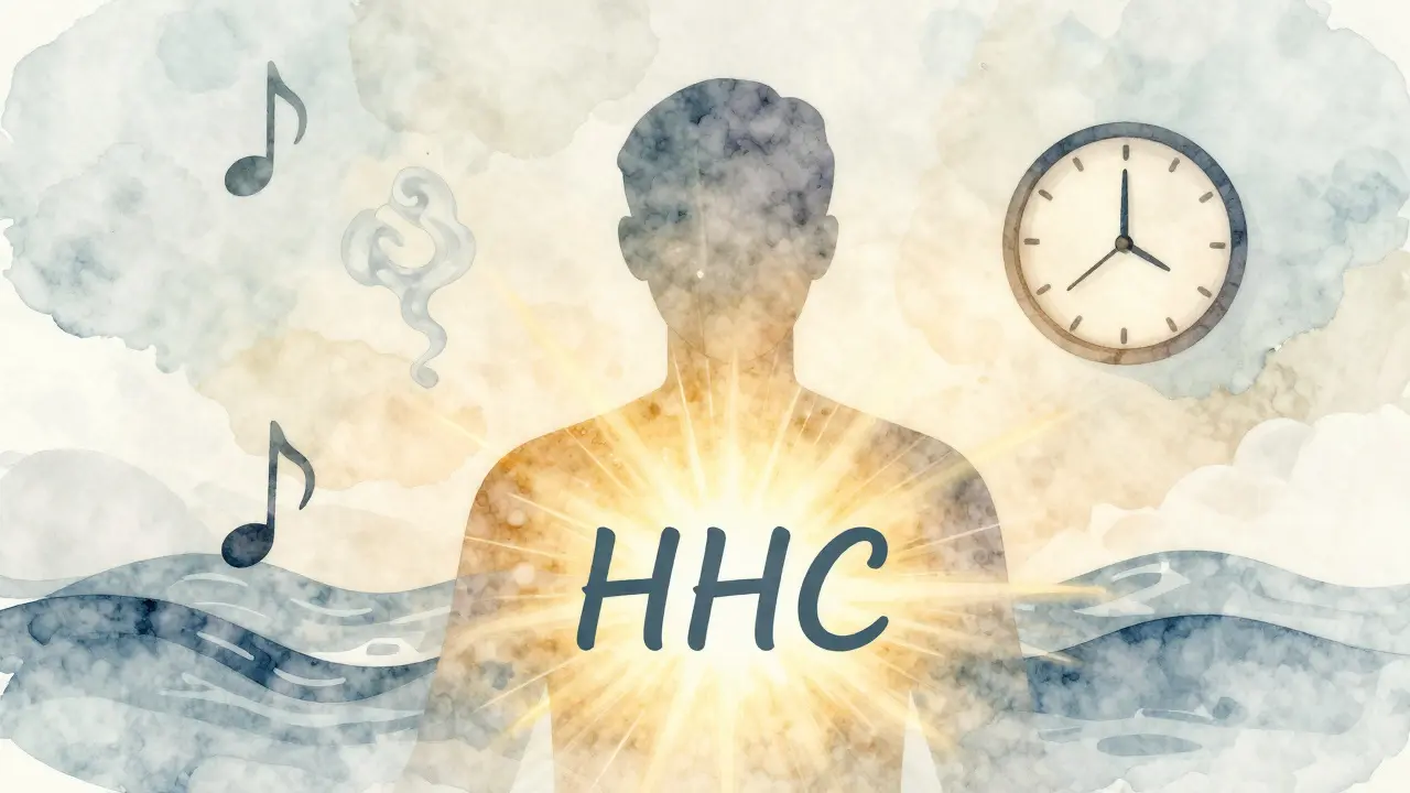 Abstraktní silueta s zlatým zářením symbolizující mírnou euforii HHC.