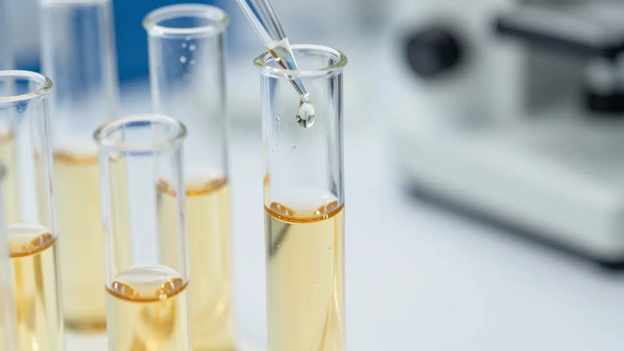 Laboratorní testování kapaliny ve skleněné zkumavce pro kontrolu kvality.