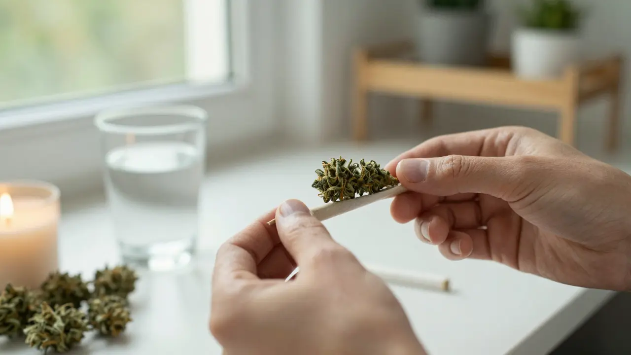 Ruce rolují květy HHC do cigarety s vodou a svíčkou na pozadí.