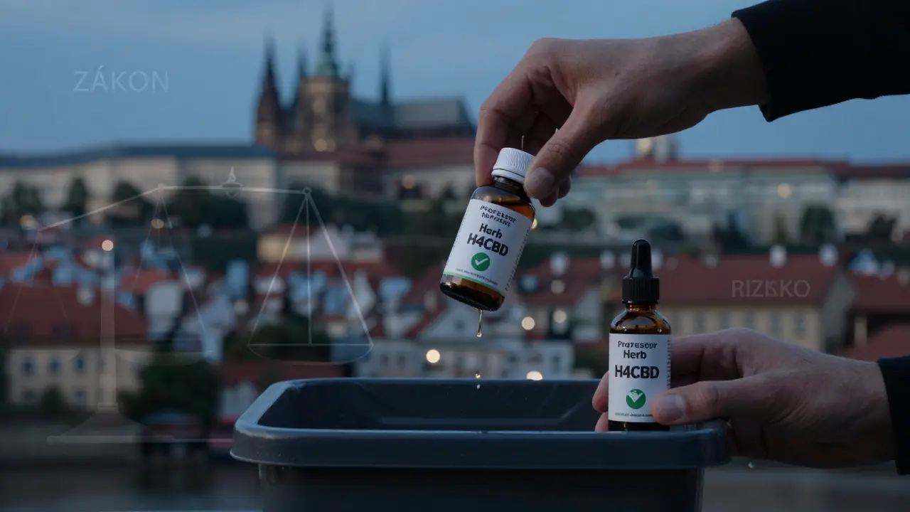 Ruka hází láhev H4CBD do koše, zatímco drží legální CBD produkt.
