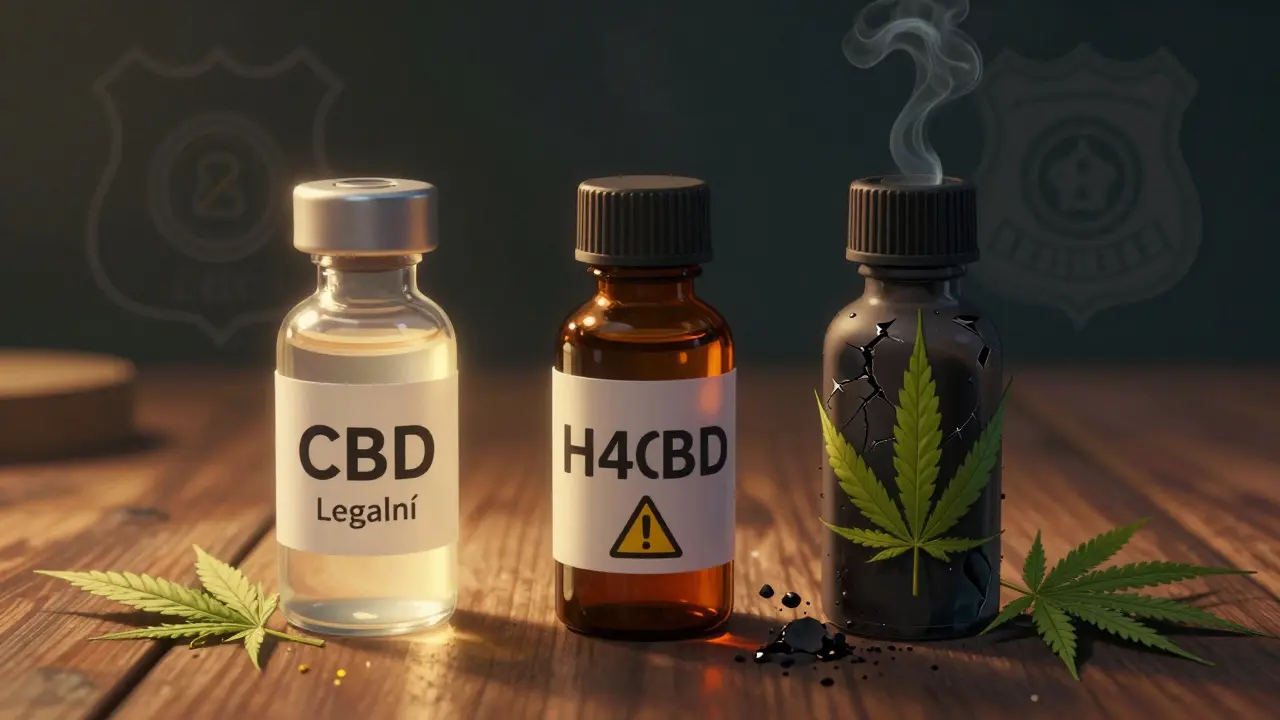 Tři láhve: čisté CBD, H4CBD a konopný list, s kontrastním osvětlením.