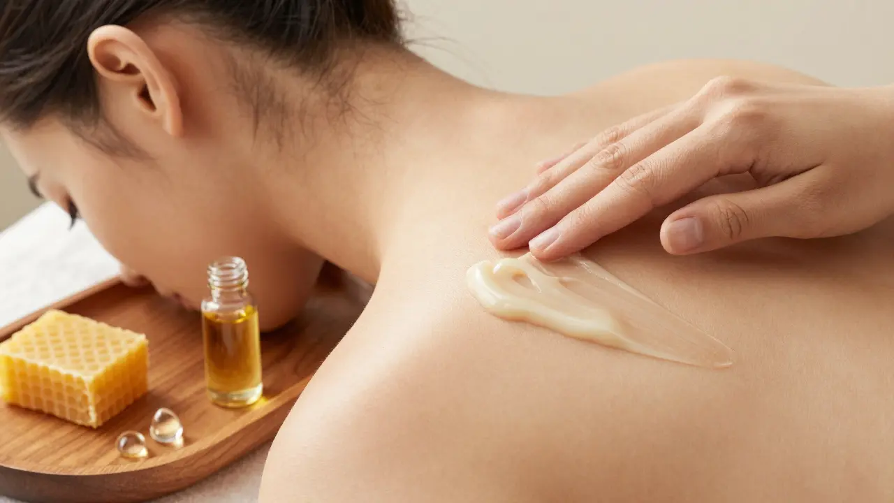 Aplikace CBD balzámu na rameno pro uvolnění svalů s přírodními ingrediencemi.