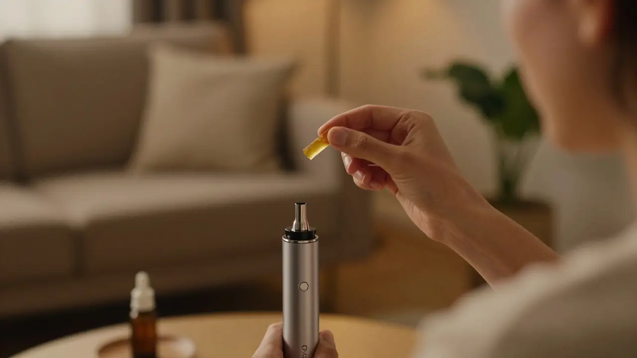 Detail ruky s malým kouskem CBD hashu nad moderním vaporizérem v útulném prostředí.