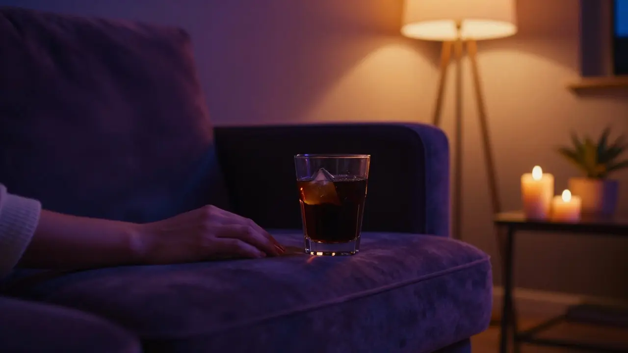 Konopný nápoj v útulném obývacím pokoji při tlumeném světle znázornující relaxaci Indiky.