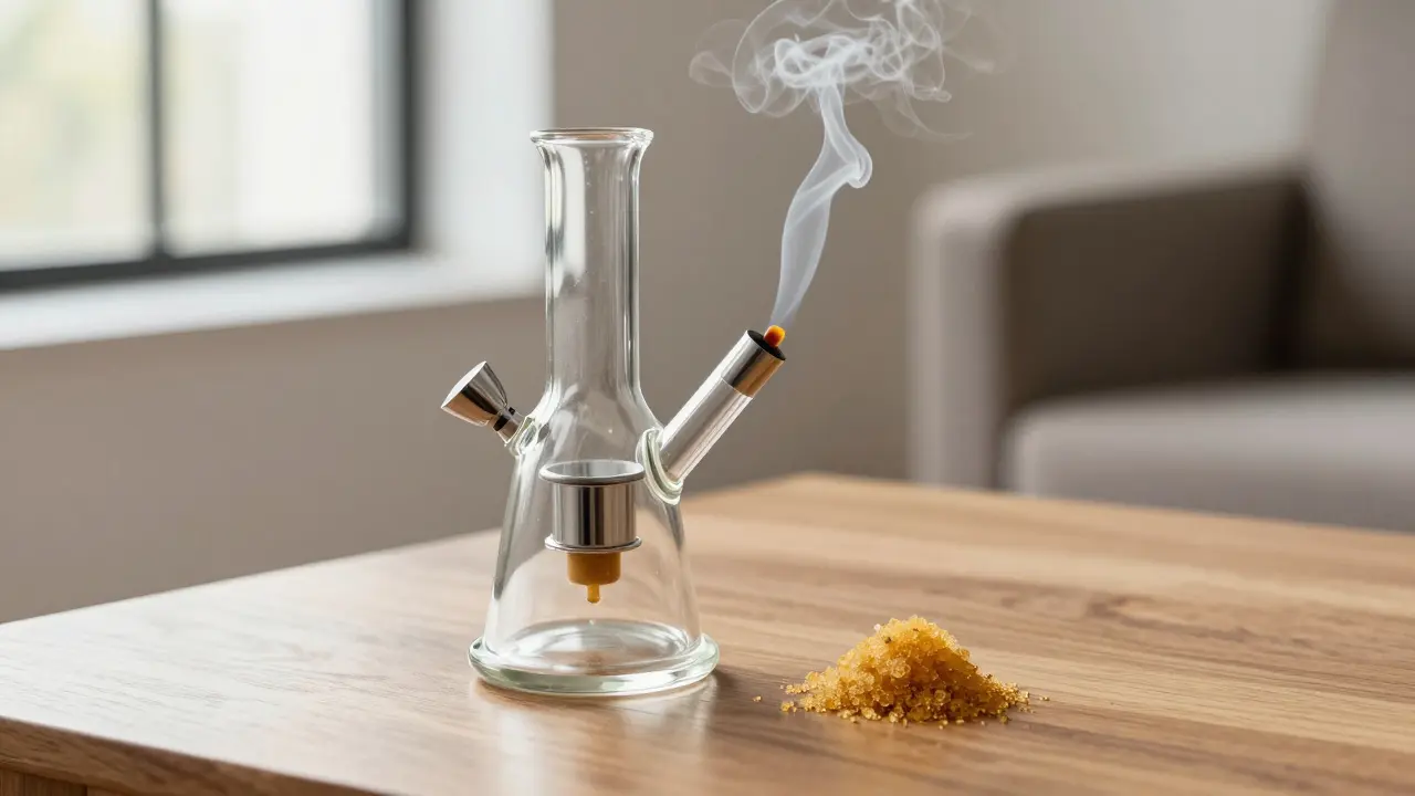 Moderní dab rig pro inhalaci CBD crumble s jemným výparem v minimalistickém interiéru.