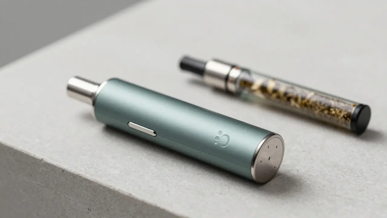 Moderní vaporizér na kamenném povrchu jako zdravá alternativa k kouření.