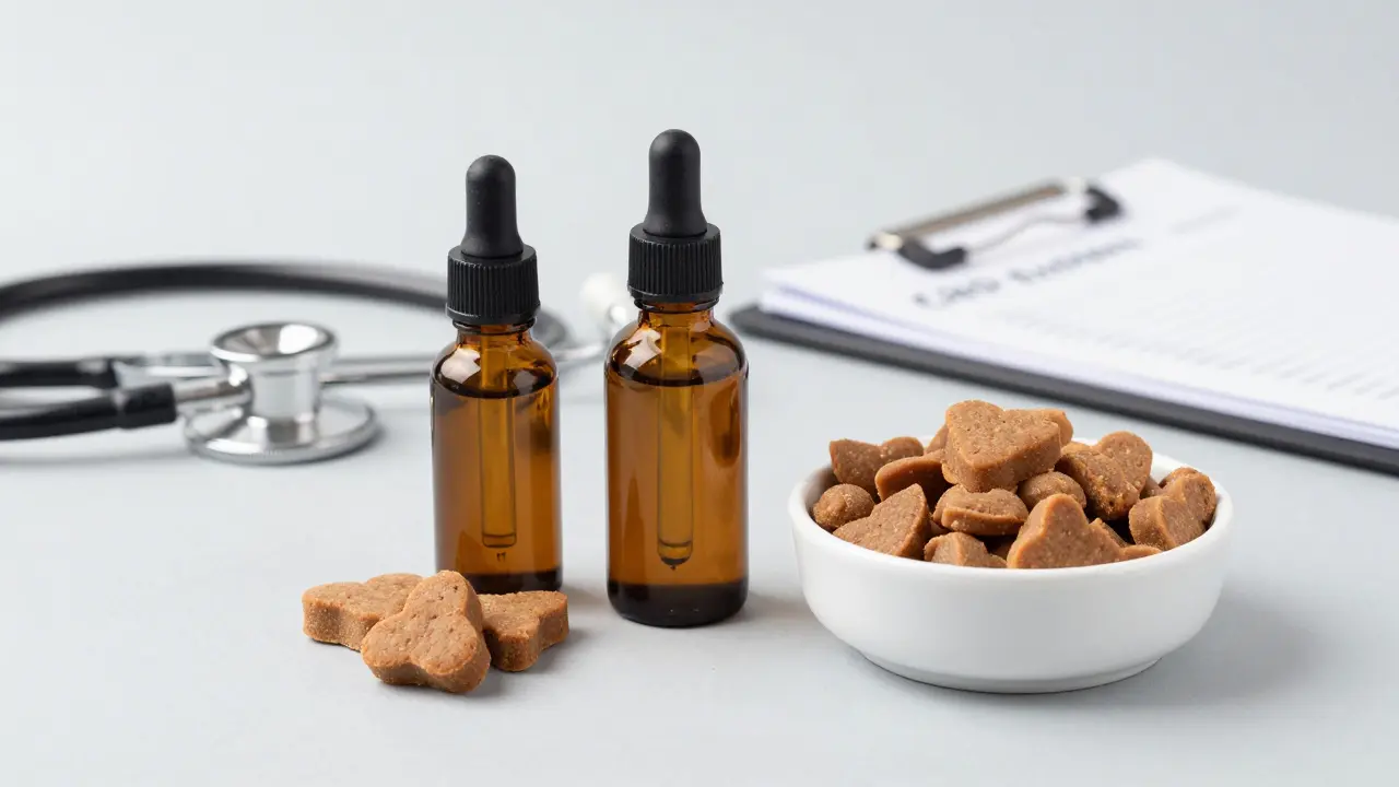 Sada produktů CBD pro zvířata, včetně kapiek a pamlsků, vedle veterinárního vybavení.