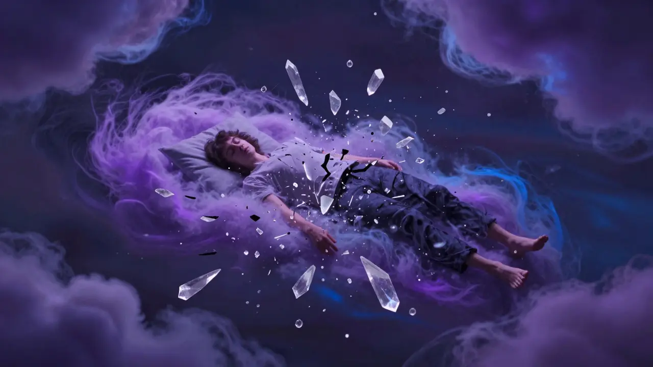 Surrealní vizualizace narušené REM fáze spánku s barevnými mraky a rozbitými sny.