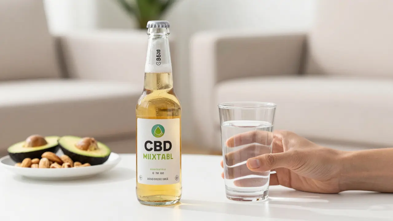 Bodka CBD piva a sklenice vody pro hydrataci