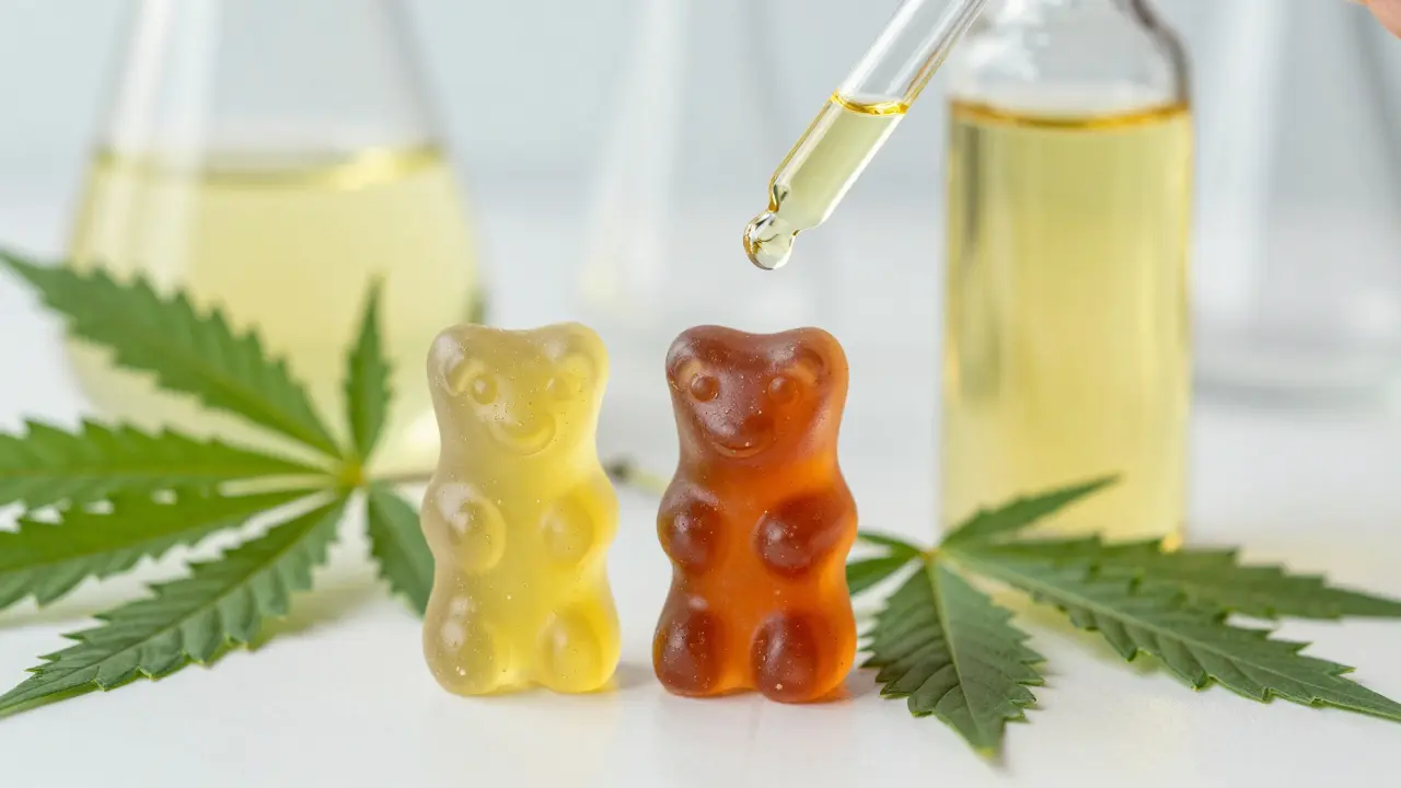 Detail CBD gumímky vedle konopných listů a oleje