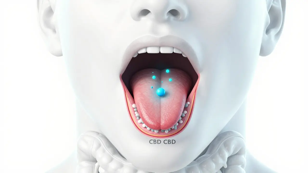 Ilustrace sublingvální absorpce CBD do krve pod jazykem