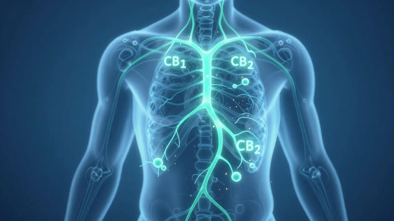 Konceptuální ilustrace interakce CBD s endokanabinoidním systémem