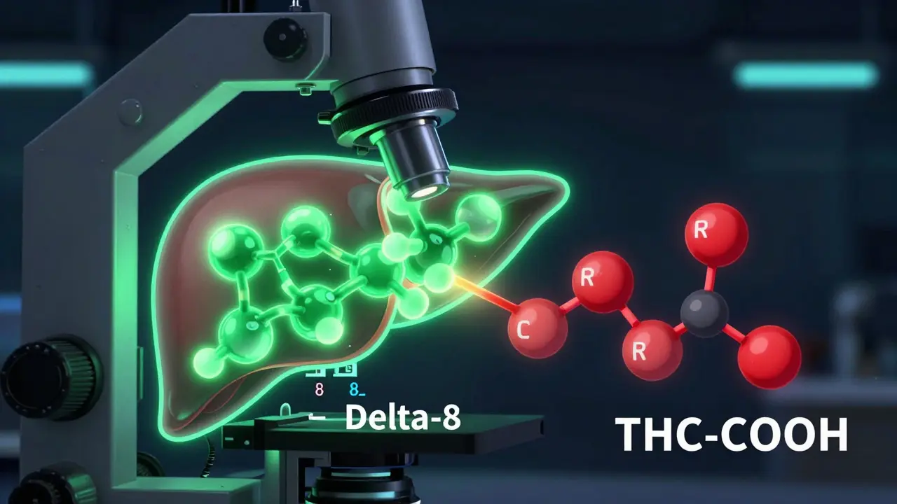 Konceptuální ilustrace metabolizace Delta-8 na THC-COOH v játrech.