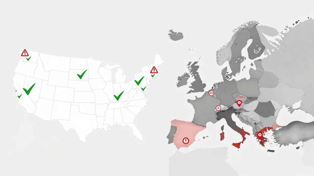 Konceptuální mapa ukazující rozdílné zákony pro Delta 8 v USA a Evropě.