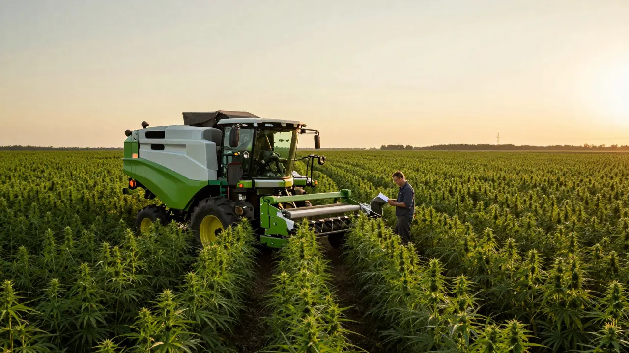 Konopná farma se specializovanou technikou a zemědělci v pozadí