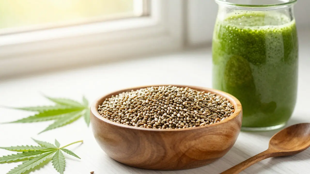 Miska konopných semínek vedle zeleného smoothie na slunci