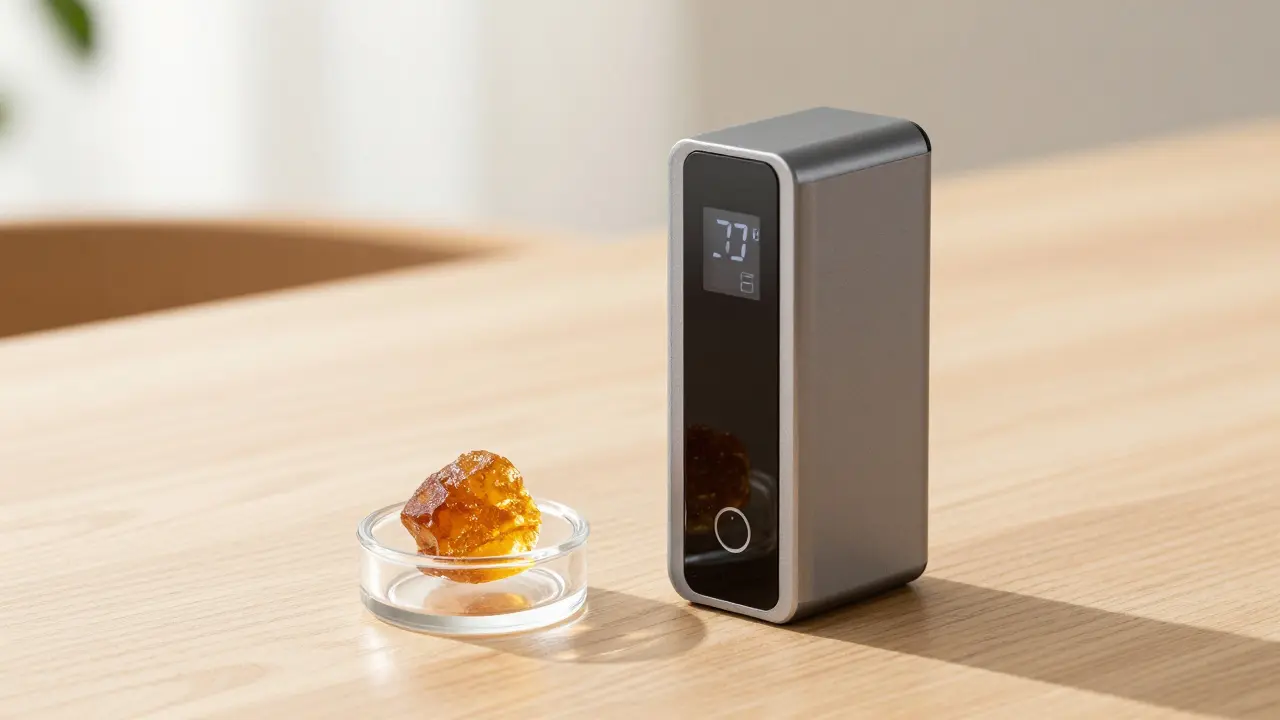 Moderní vaporizátor vedle skleněné nádoby s CBD shatterem na dřevěném stole