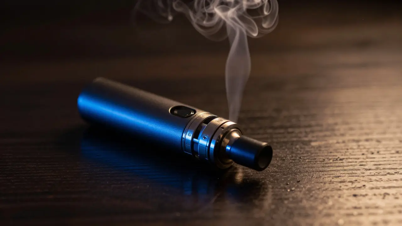 Moderní vaporizér s jemnou parou na tmavém pozadí.