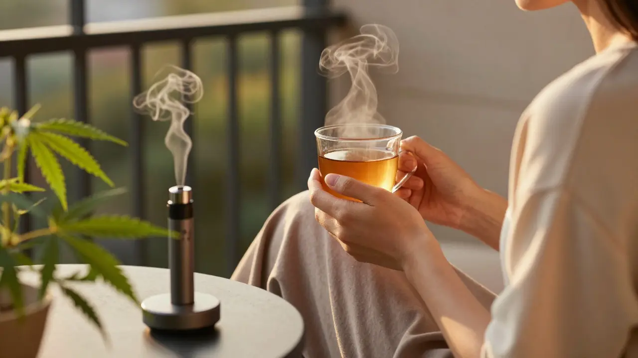 Osoba relaxující na balkóně s čajem a konopnými produkty při západu slunce