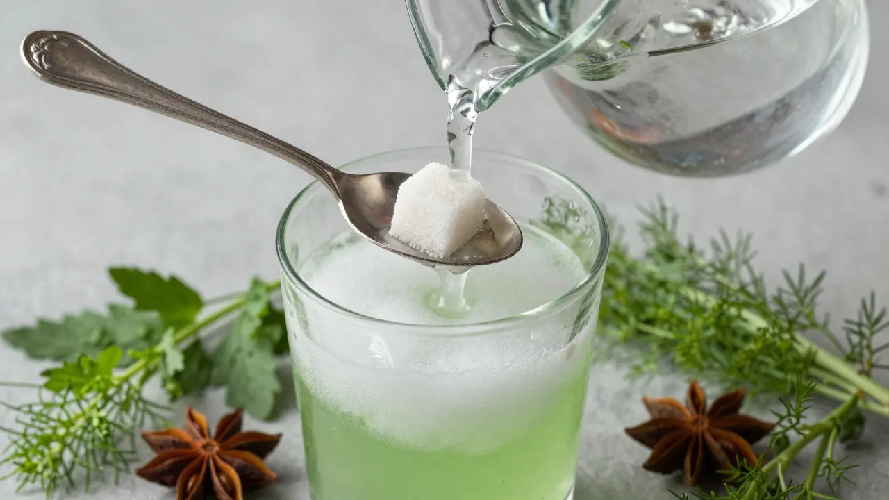 Příprava absinthu s vodou a cukrem vytvářející mléčný efekt