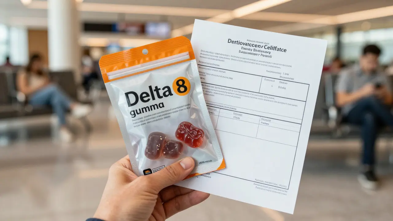 Ruka drží originální obal gumiček a laboratorní certifikát na letišti.
