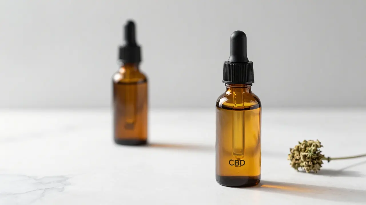 Skleněná lahvička s CBD olejem na bílém mramorovém povrchu
